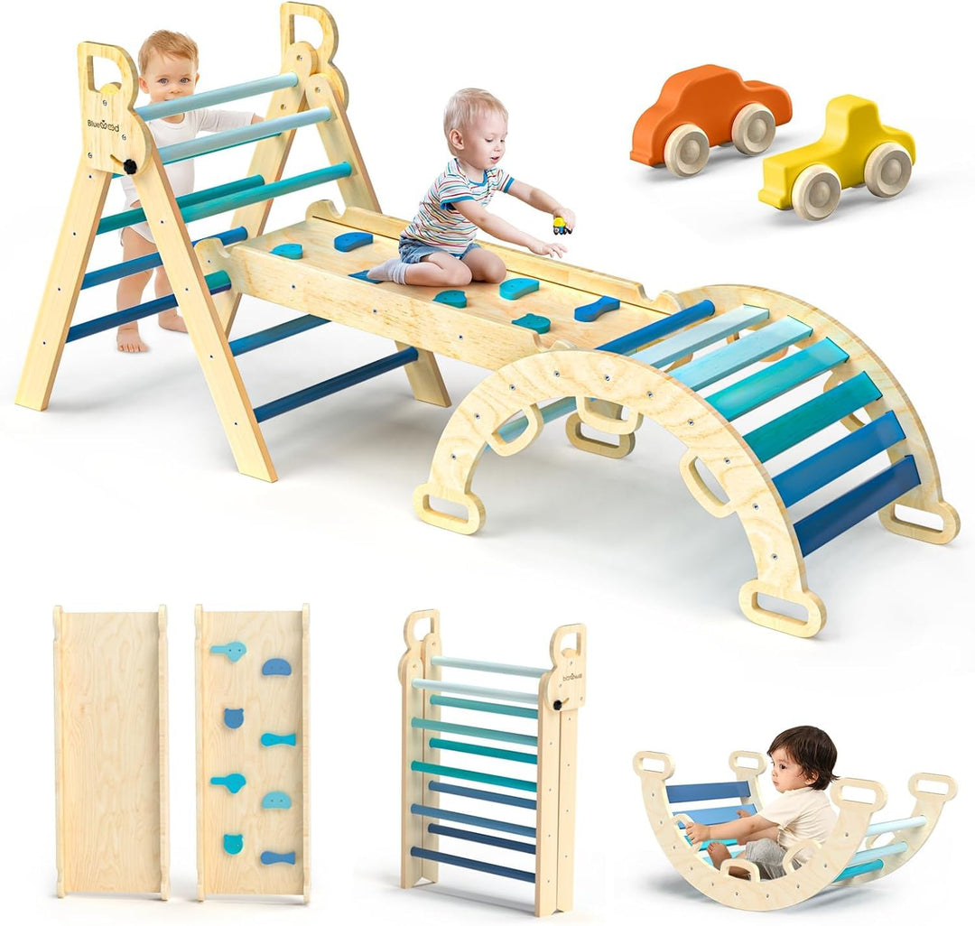 BlueWood 7-in-1 Montessori Kletterdreieck mit Kletterbogen und Rutsche, Holzdreieck für Kleinkinder,