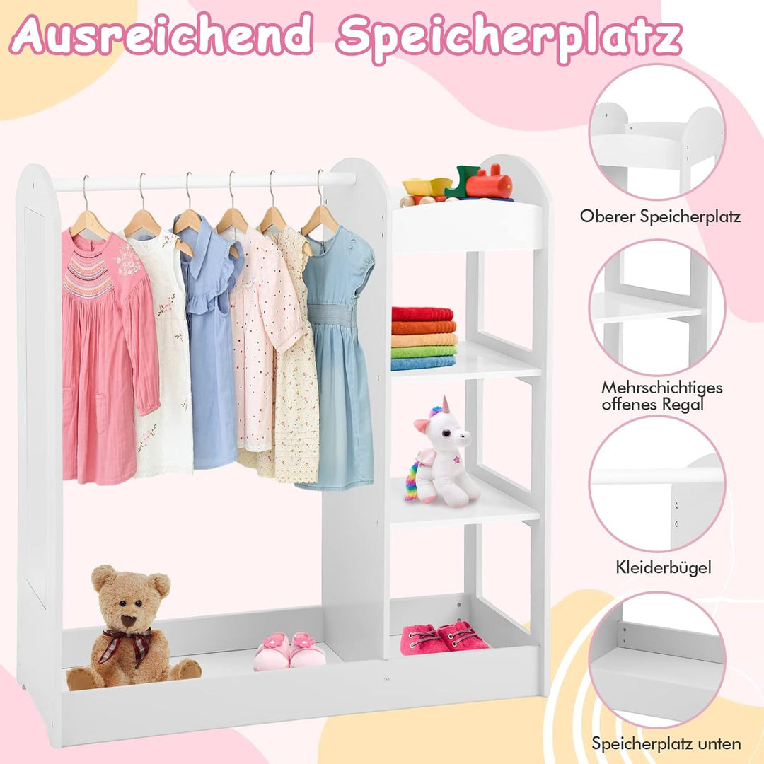 GOPLUS Kindergarderobe mit Spiegel, Kleiderständer mit 4 offenen Regalen & Kleiderstange, Garderobe
