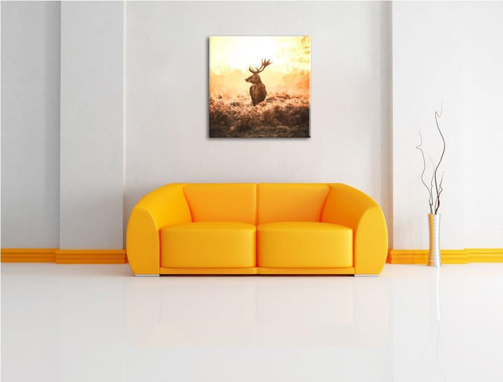 Pixxprint Stolzer Hirsch auf weitem Feld, Format: 70x70 auf Leinwand, 70x70