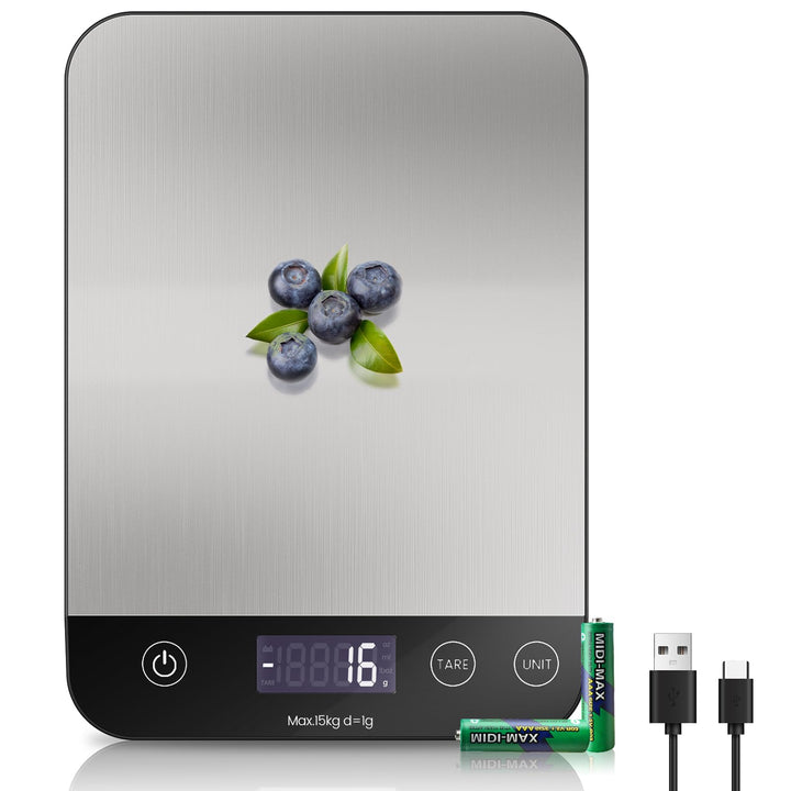 Wiederaufladbar Digitale Küchenwaage, USB C Elektronik Küchenwaage, 15 kg Hochpräzise 1g/0.1oz Leben