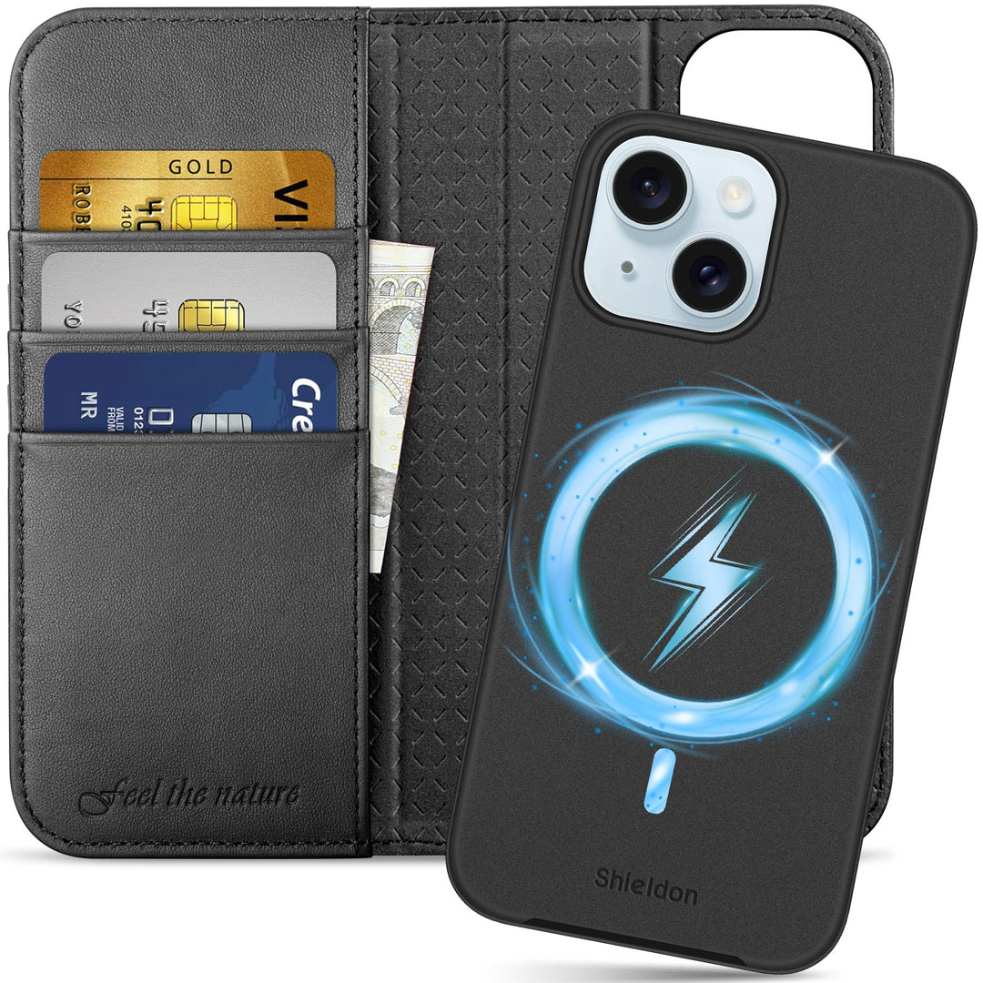 SHIELDON Hülle für iPhone 15, Echtleder Handyhülle [Abnehmbar] [kabelloses Laden] [Kartenfach] [Stän