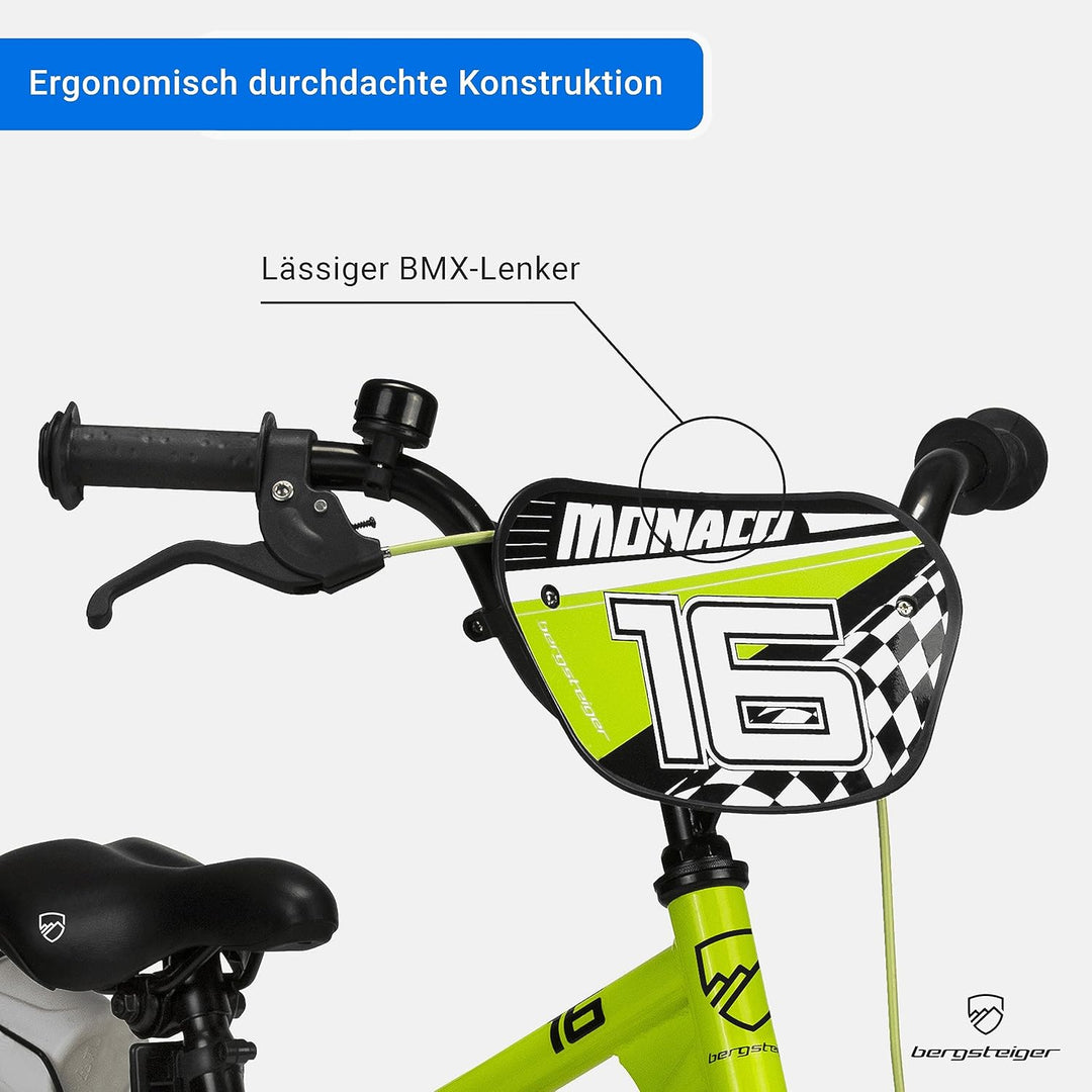 Bergsteiger Monaco 16 Zoll Kinderfahrrad, geeignet für 4, 5, 6 Jahre, BMX, Stützräder, Rücktrittbrem