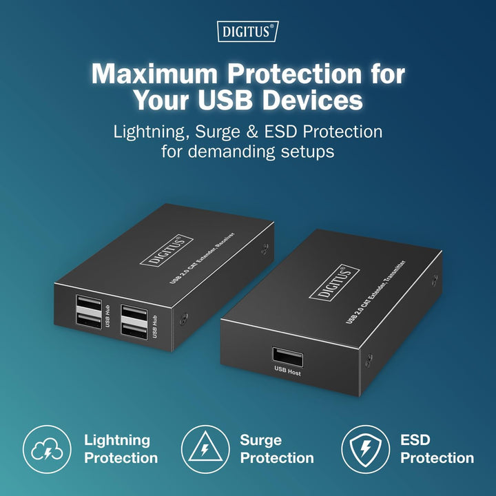 DIGITUS USB 2.0 über Ethernet-Extender – 4-Port USB-A Hub – 150m Reichweite mit Cat 6 Netzwerkkabel