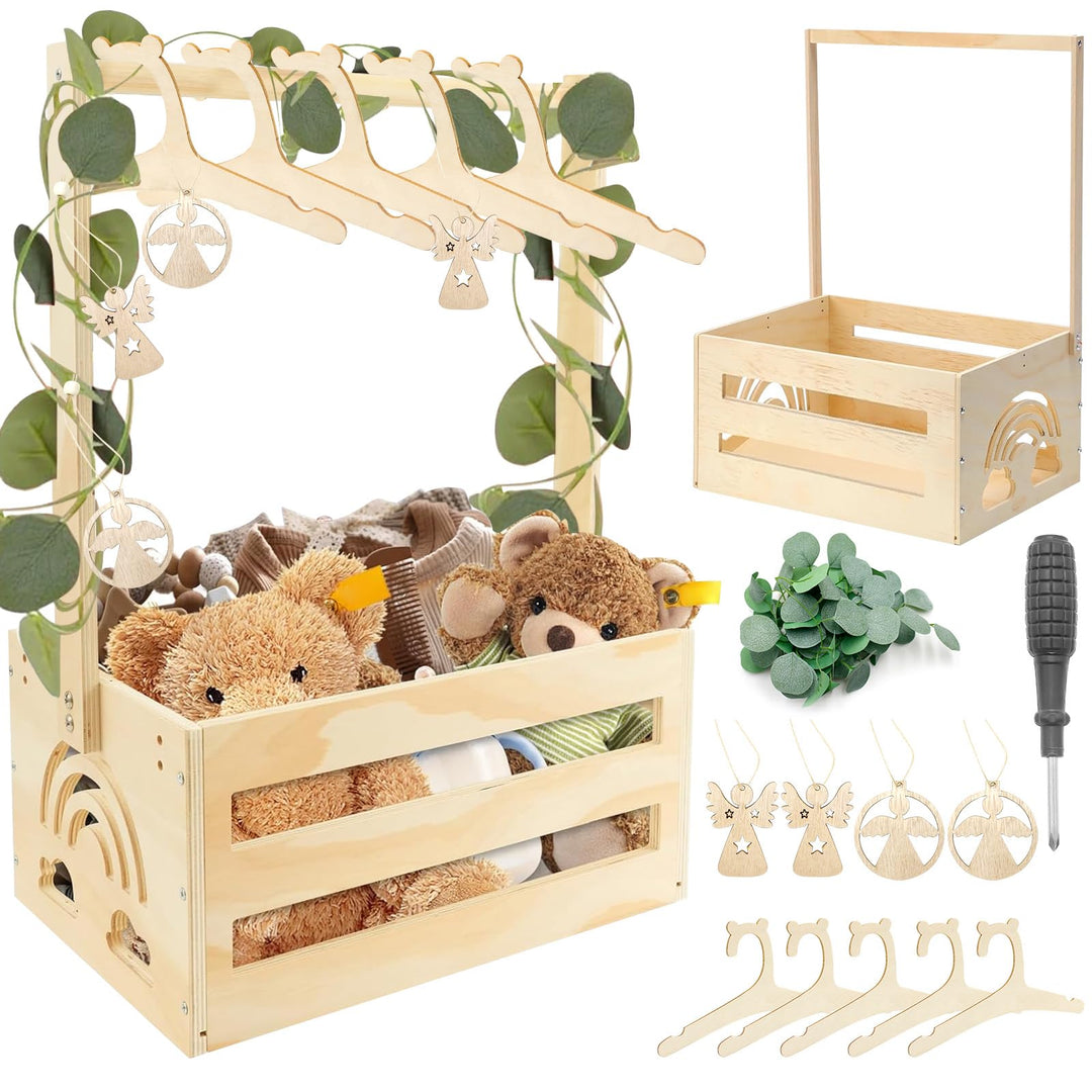 Babyparty Geschenk mit Holz Babykorb auf Rädern | Praktischer Baby Schrank mit Griff & 5 Regenbogen