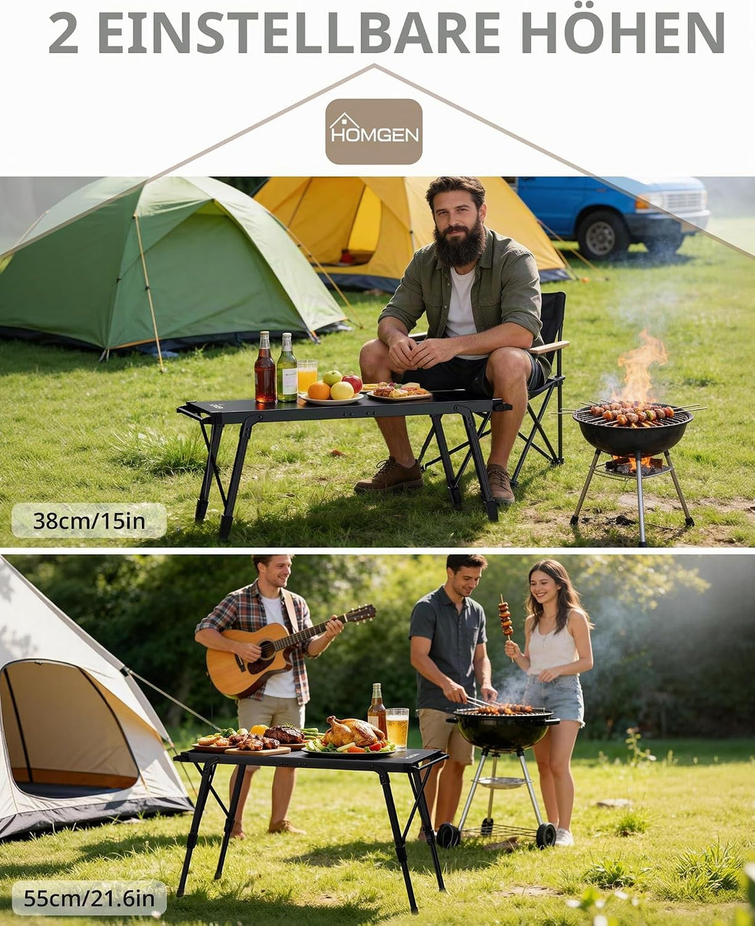 HOMGEN Picknicktisch IGT Campingtisch aus Aluminium Falttisch faltbar Höhenverstellbar 38-55 cm Klap