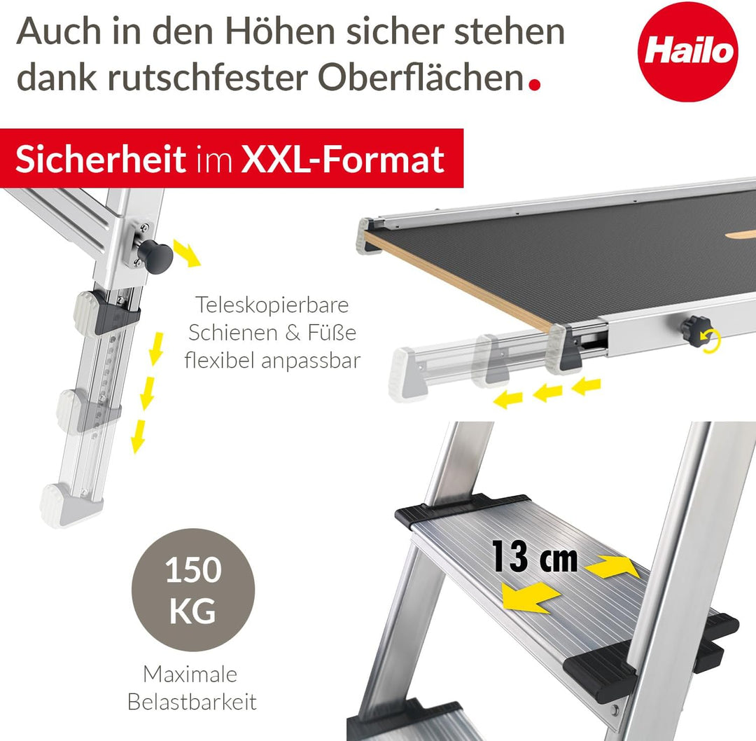 Hailo Stehleiter L80 ComfortLine im Set mit TP1 Treppenpodest - klappbare Aluleiter mit 4 XXL-Sicher