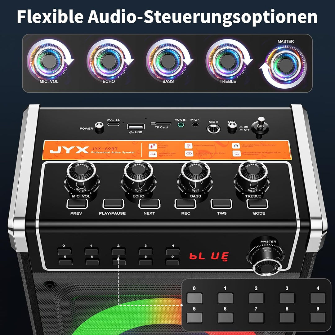 JYX Karaoke-Maschine mit 2 UHF-Funkmikrofonen, Bluetooth-Lautsprecher mit Bass-/Höhen-Einstellung un