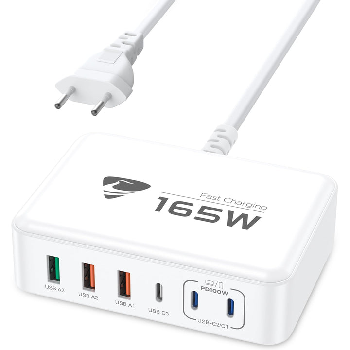 USB C Ladegerät, 165W 6-Port USB Mehrfach Ladegerät, 100W Schnellladegerät USB C PD 3.0 Power Adapte