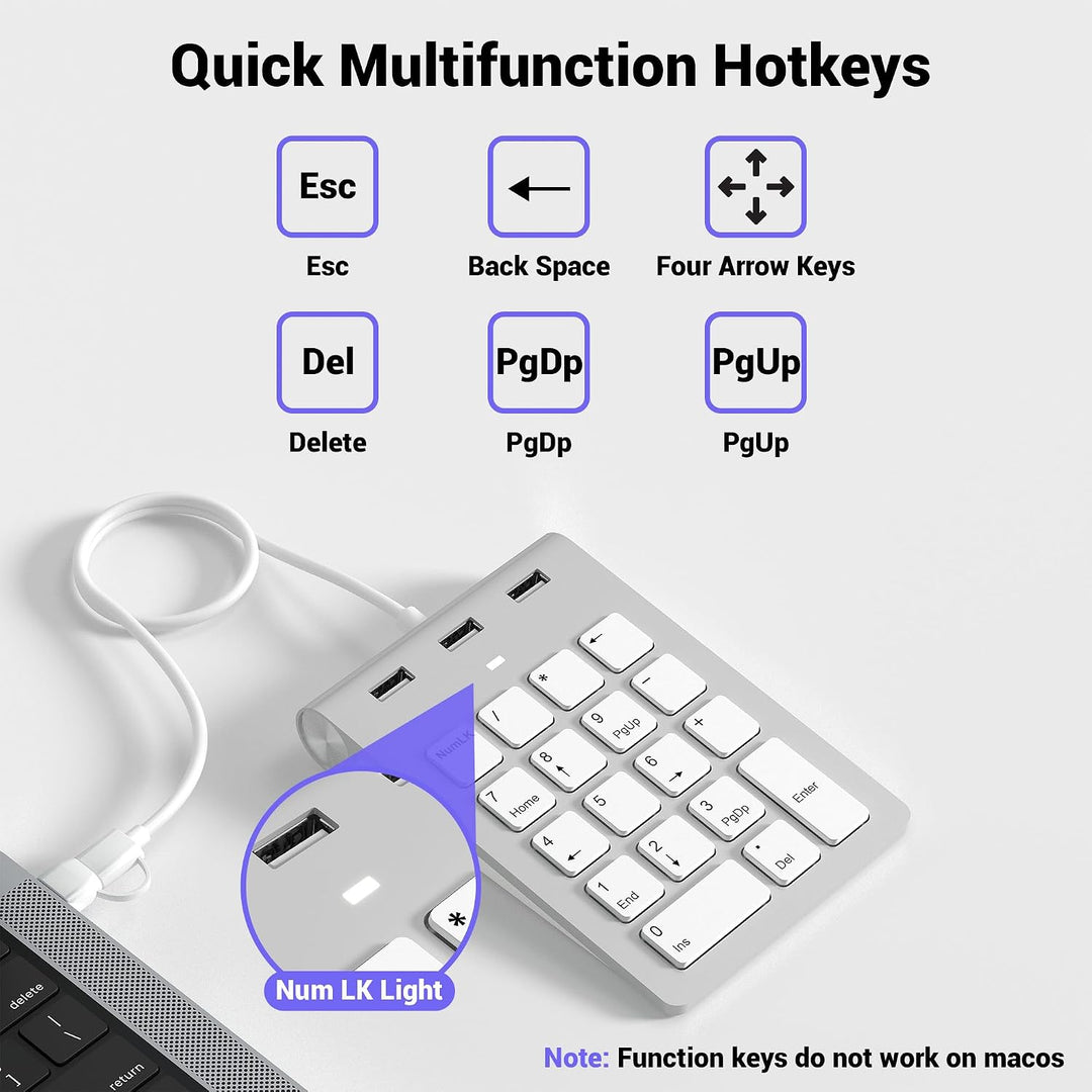 2-in-1 Numpad Wired mit 3-Port USB-Hub, USB-A &amp; USB-C Ziffernblock mit 15° Ergonomie-Neigung für Lap