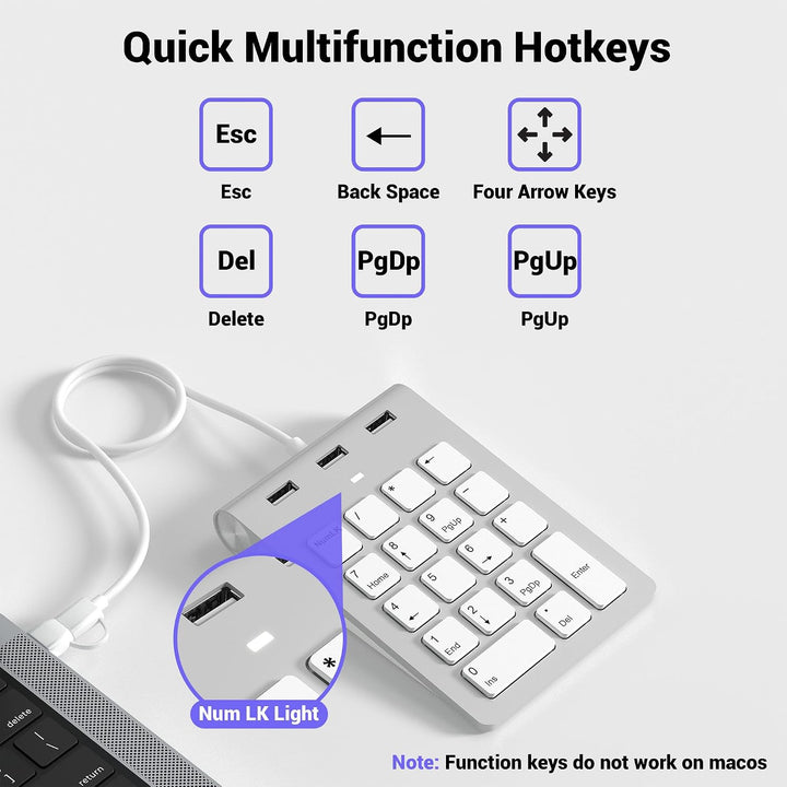 2-in-1 Numpad Wired mit 3-Port USB-Hub, USB-A &amp; USB-C Ziffernblock mit 15° Ergonomie-Neigung für Lap