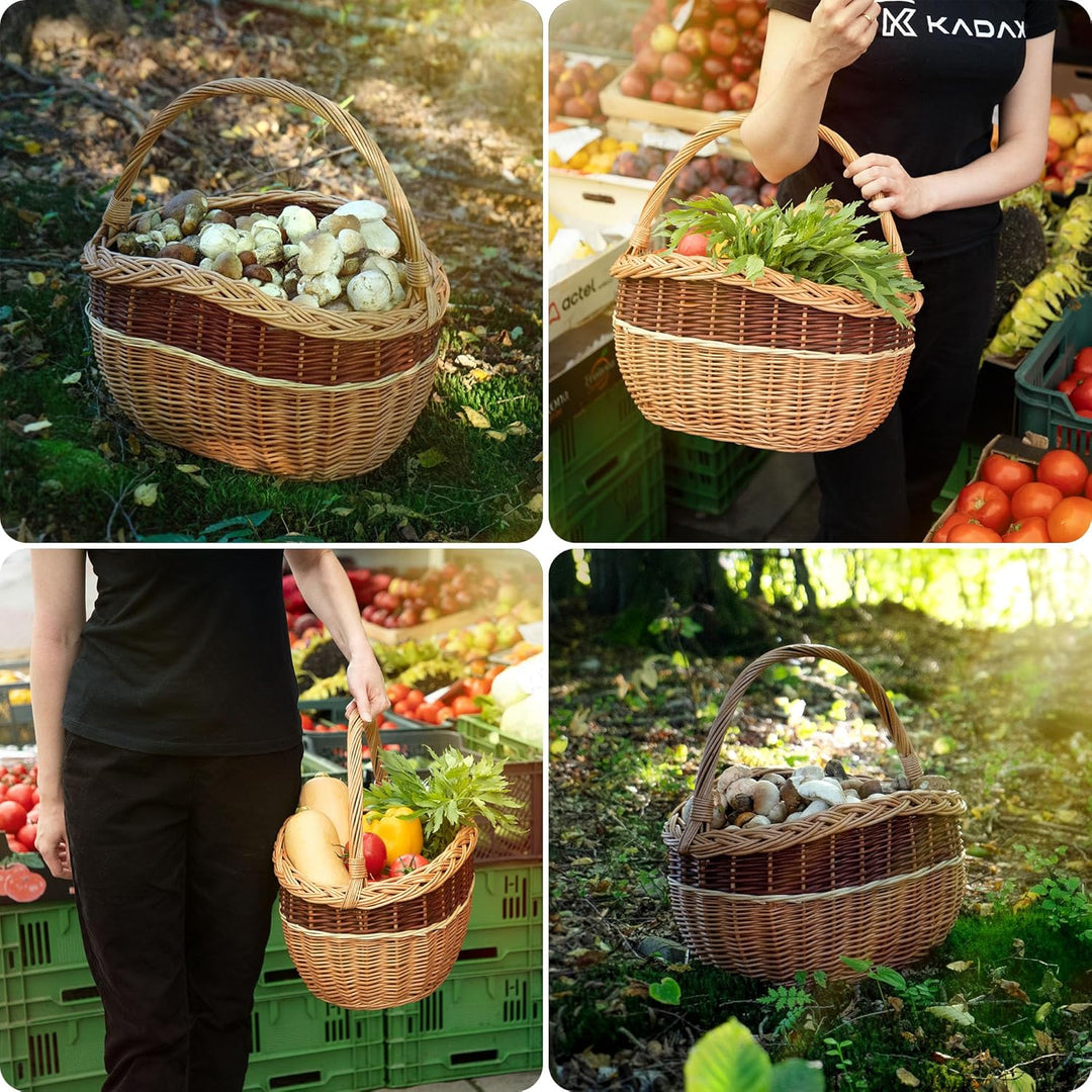 KADAX Weidenkorb für Pilze, Ovaler Korb zum Einkaufen, robuster Picknickkorb mit dem Henkelgriff, Fl