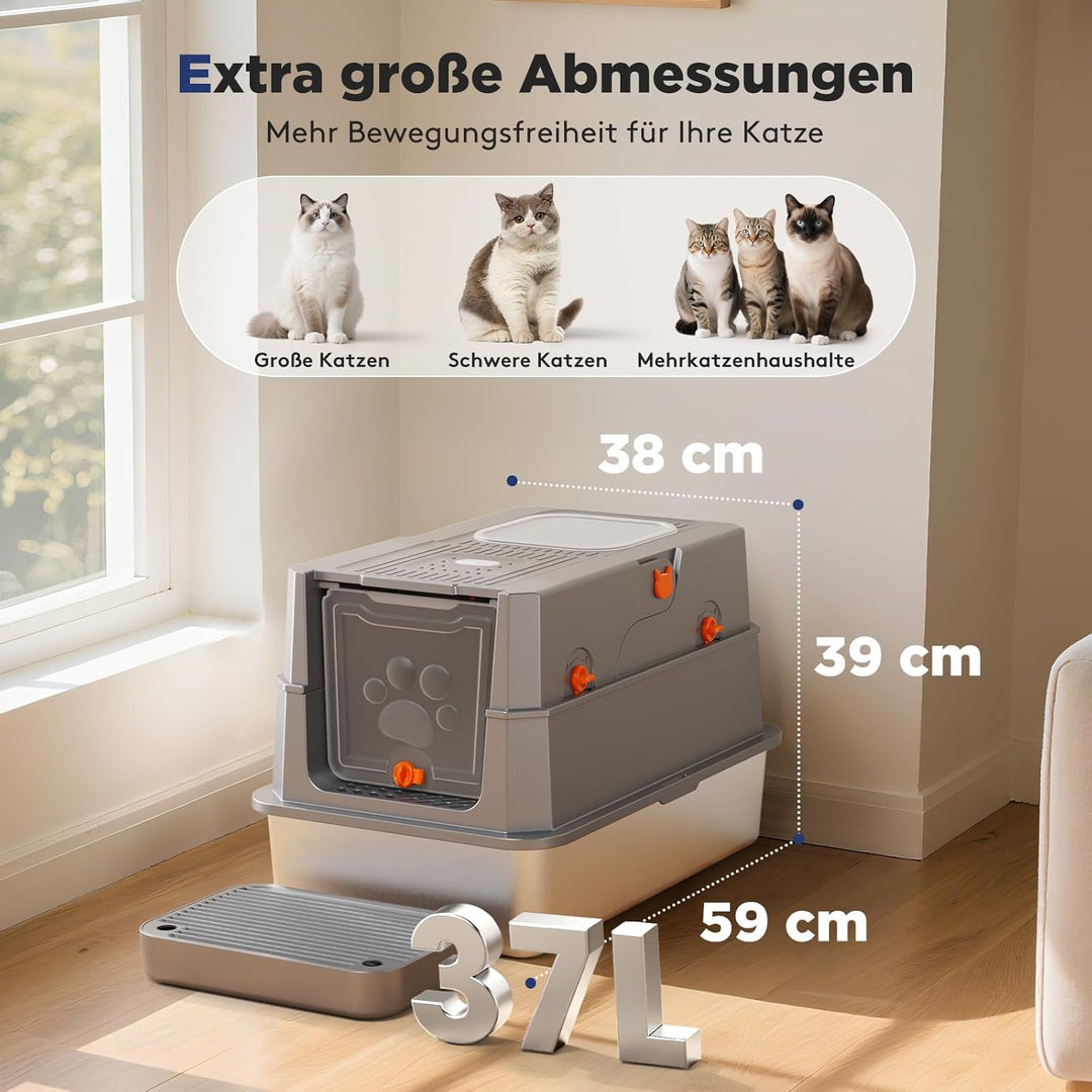 MIXJOY Edelstahl Katzenklo XXL mit Deckel, Katzentoilette Edelstahl Zwei-Tür-Konfiguration, Geschlos