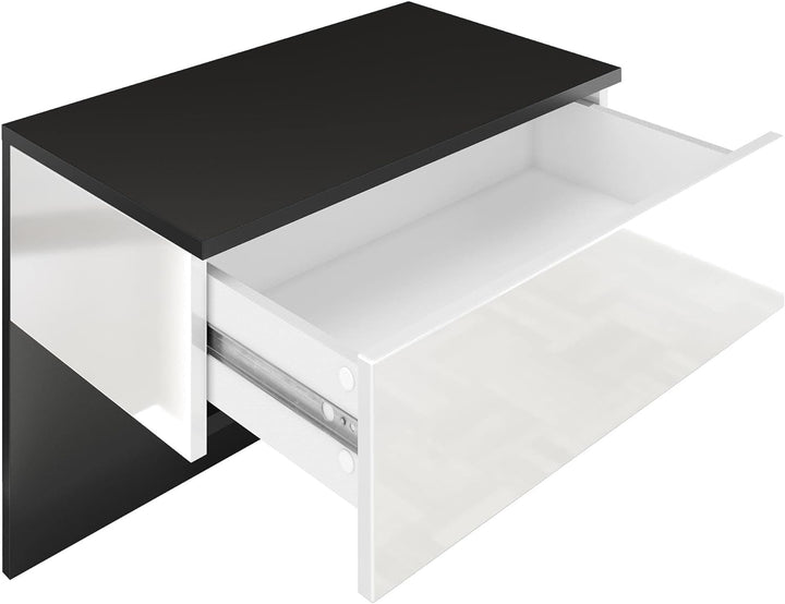 Vladon Nachttisch Sleep, Nachttischschrank mit Schublade zur Wandmontage, Schwarz matt/Weiss Hochgla