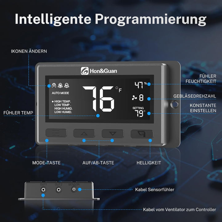 Hon&Guan Abluftset 100mm, Rohrventilator 100mm mit Temperatur- und Feuchtigkeitsregler, Aktivkohlefi