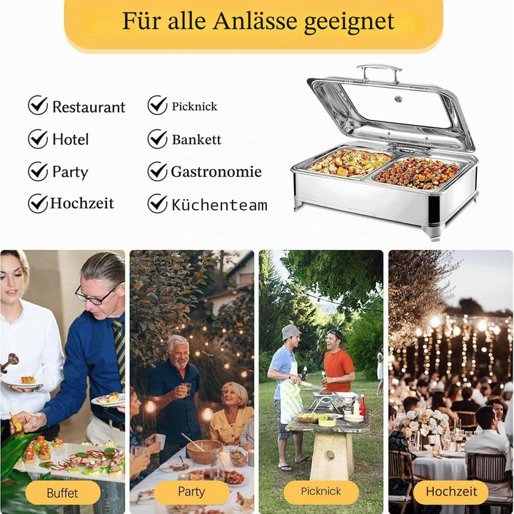 Chafing Dish Elektrisch, 9L Edelstahl Speisewärmer Buffetwärmer mit Sichtbarem Glasdeckel, Einstellb