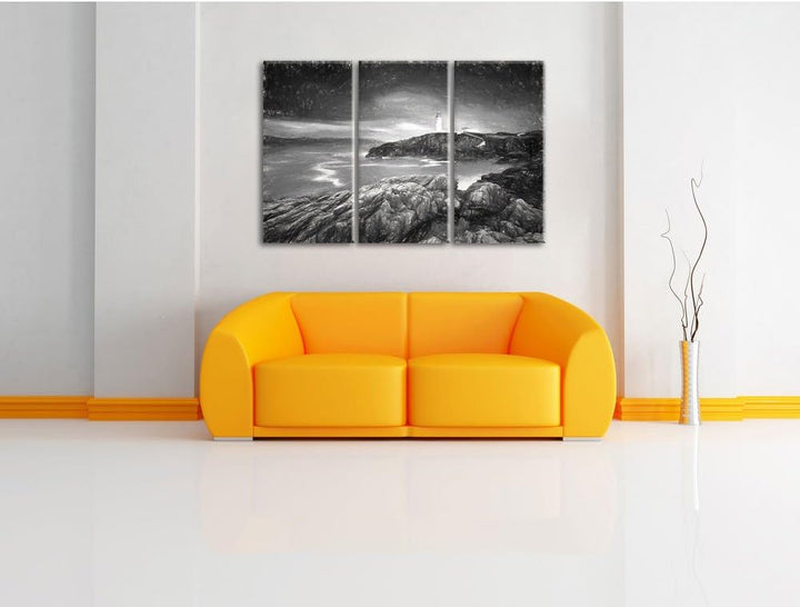 Pixxprint Leuchtturm im Meer Kohle Effekt 3-Teiler Leinwandbild 120x80 Bild auf Leinwand