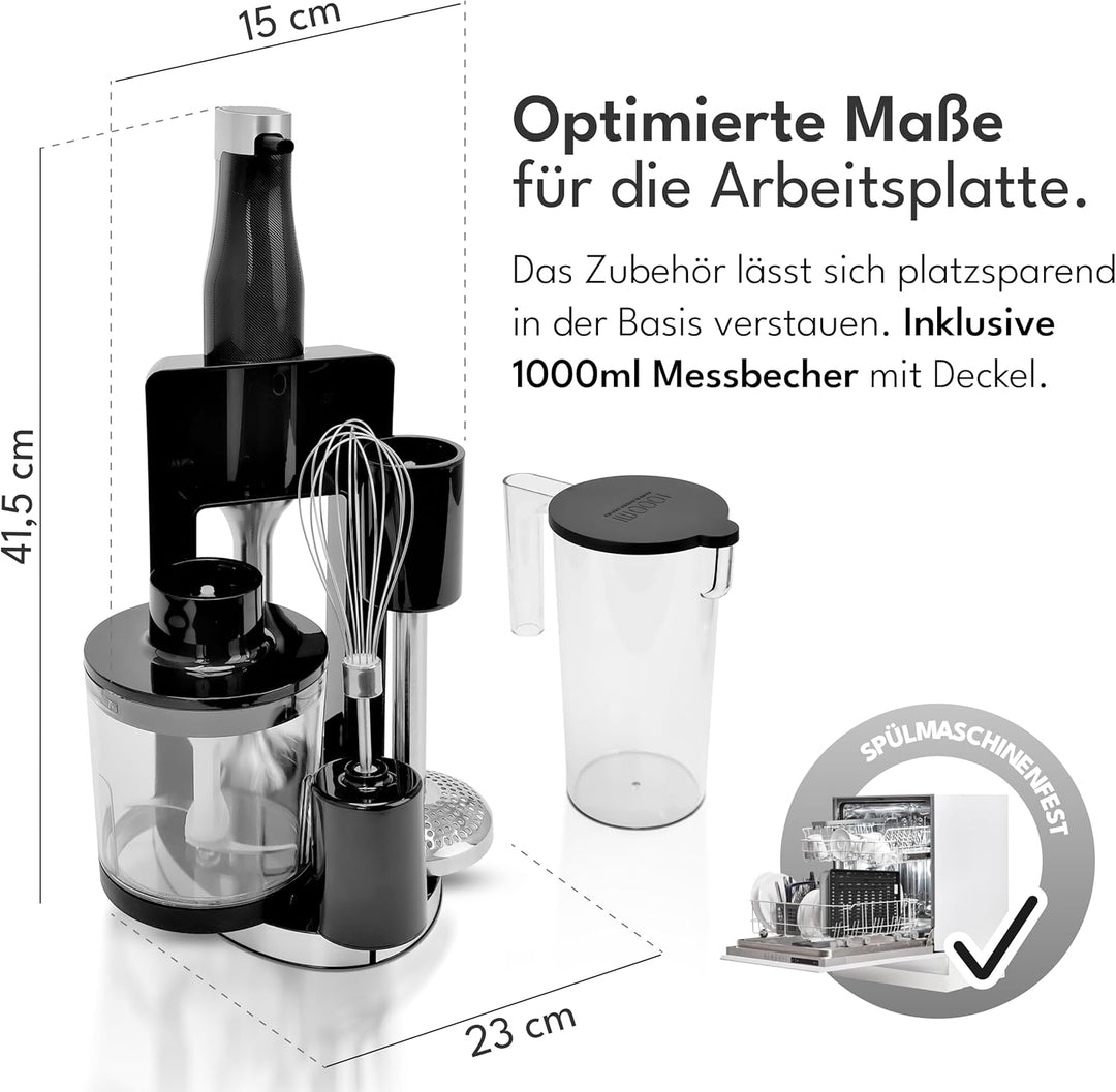 LEBENLANG Premium 1200W Stabmixer Set - Inkl. 5x Zubehör & Spritzschutz I Stufenlos verstellbar & Tu