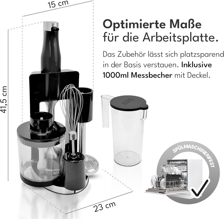 LEBENLANG Premium 1200W Stabmixer Set - Inkl. 5x Zubehör & Spritzschutz I Stufenlos verstellbar & Tu