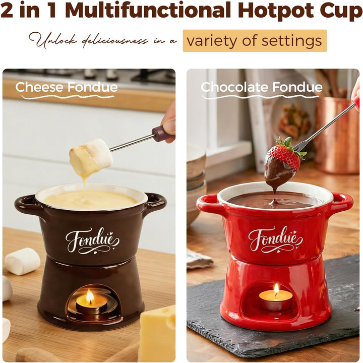 Yoassi Keramik Käsefondue Set, Mini Schokoladenfondue Tasse, Käsebecher mit 4 Gabeln, zum Schmelzen