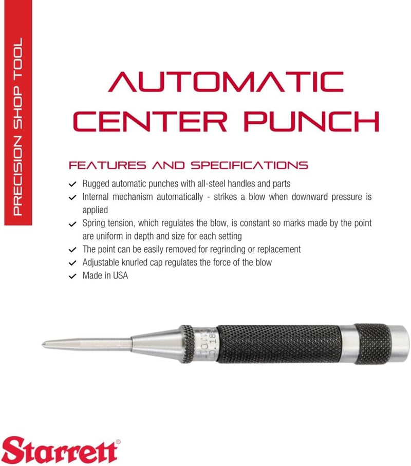 Starrett 18AA Automatischer Körner mit einstellbarem Hub, 4" Länge, 7/16" Durchmesser Single, Single