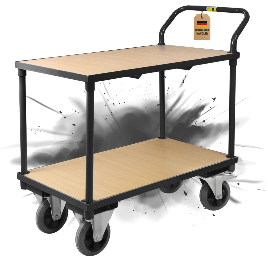 Etagenwagen schwarz 400 kg Traglast – Rollwagen mit 2 Ebenen & Vollgummireifen – Plattformwagen Stah