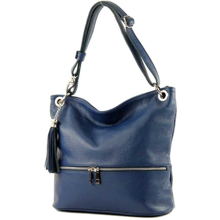 modamoda de - T143 - ital. Leder Schultertasche Umhängetasche Dunkelblau2021, Dunkelblau2021