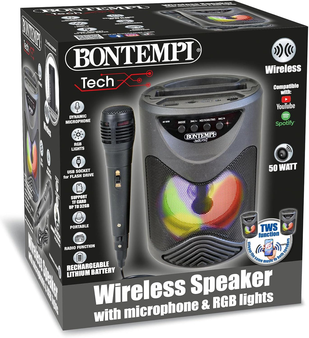 Bontempi | SonicSync - Drahtloser Verstärker Karaoke mit dynamischem Mikrofon, Smartphone-Fach, Lich