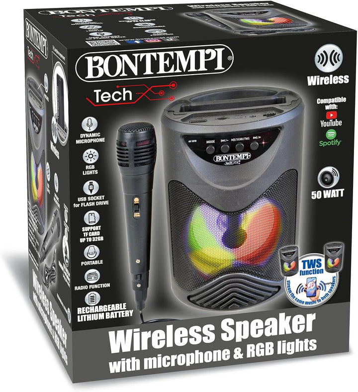 Bontempi | SonicSync - Drahtloser Verstärker Karaoke mit dynamischem Mikrofon, Smartphone-Fach, Lich