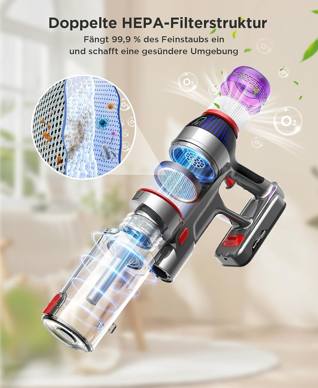 Akku Staubsauger Kabellos Starke Saugkraft | Akkusauge mit LED Display und Anti Tangle Bürste, Selbs