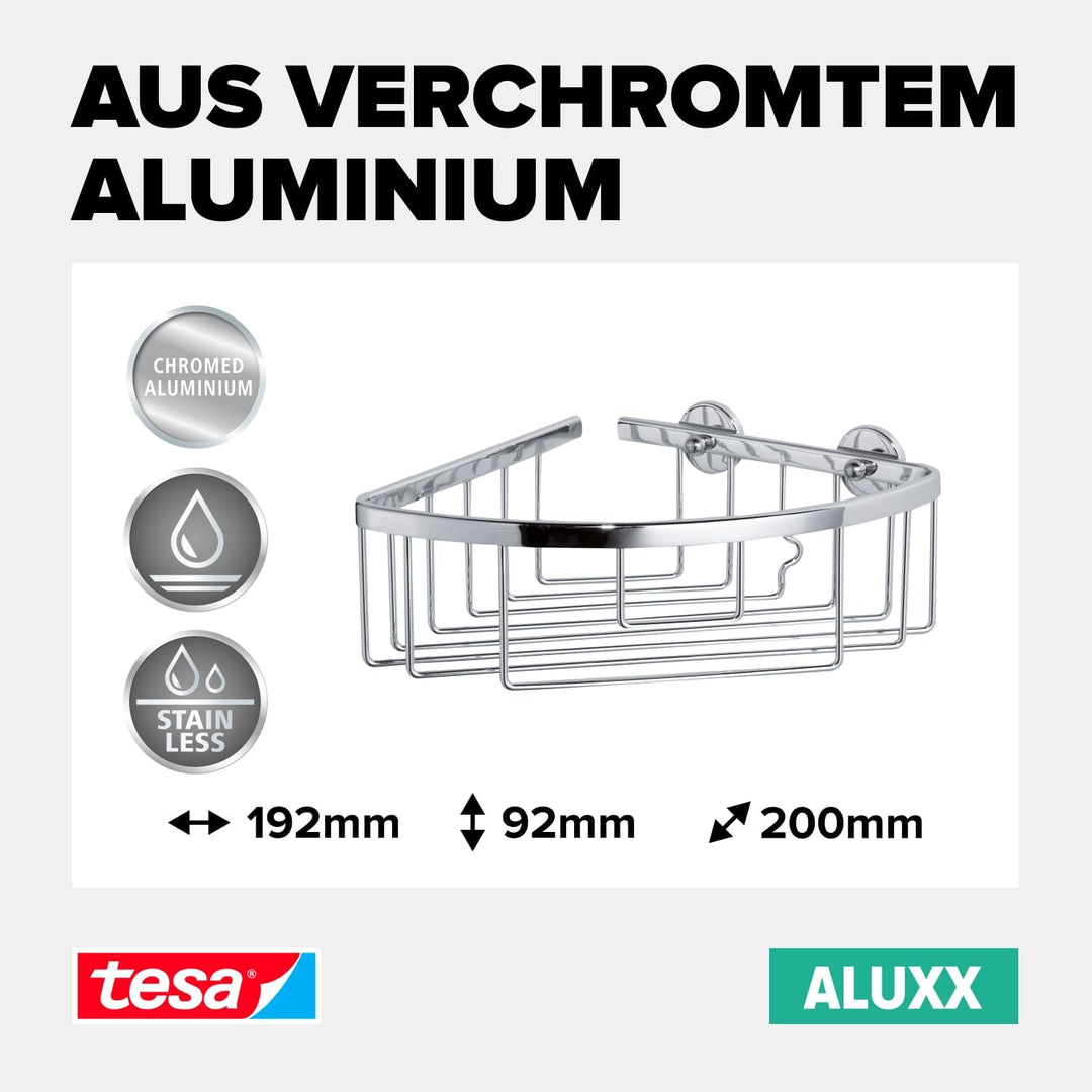 tesa ALUXX Eckduschkorb, Aluminium, verchromt, garantiert rostfrei, inkl. Klebelösung, 207 mm x 202