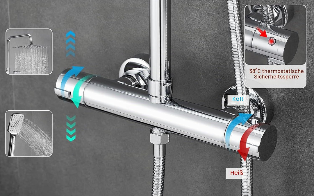 BONADE Duschsystem mit Thermostat Regendusche Duschkopf aus 304 Edelstahl, Duscharmatur Komplettset