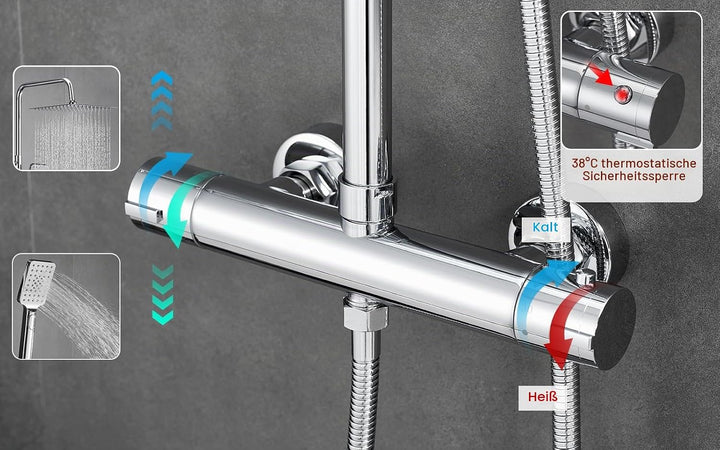 BONADE Duschsystem mit Thermostat Regendusche Duschkopf aus 304 Edelstahl, Duscharmatur Komplettset