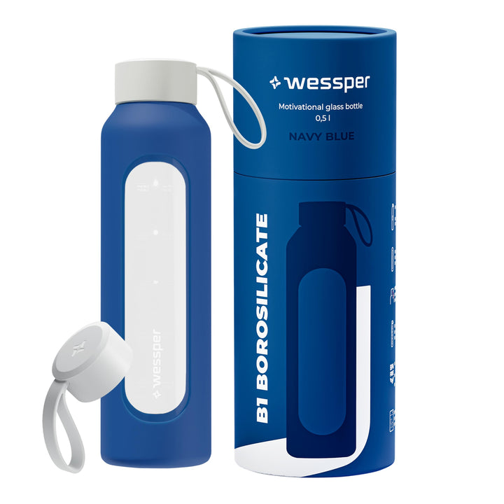 Wessper Trinkflasche Glas 500 ml, Motivations wasser glasflasche mit Hydrationsskala, borosilikatgla
