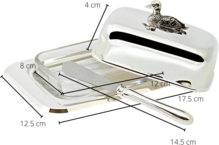 EDZARD Butterdose Ente (für 250 g) aus Silber & Glas - Butterglocke & Buttermesser - Schale, Dose, B