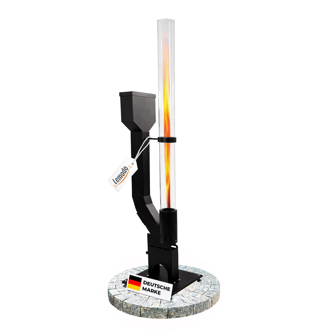 Lemodo Pelletfackel Prime XL, Feuersäule Outdoor mit Glasröhre, für Garten & Terrasse, für Holzpelle