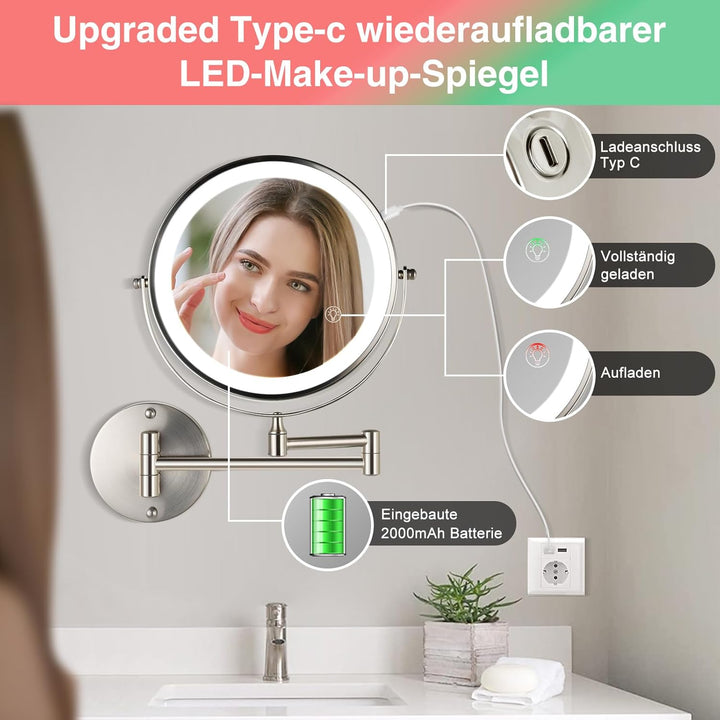 30X/1X wandmontierter Beleuchtungsspiegel für Kosmetik: 8,5 Zoll (21,6 cm) zweiseitig, 3 Farbmodi, U