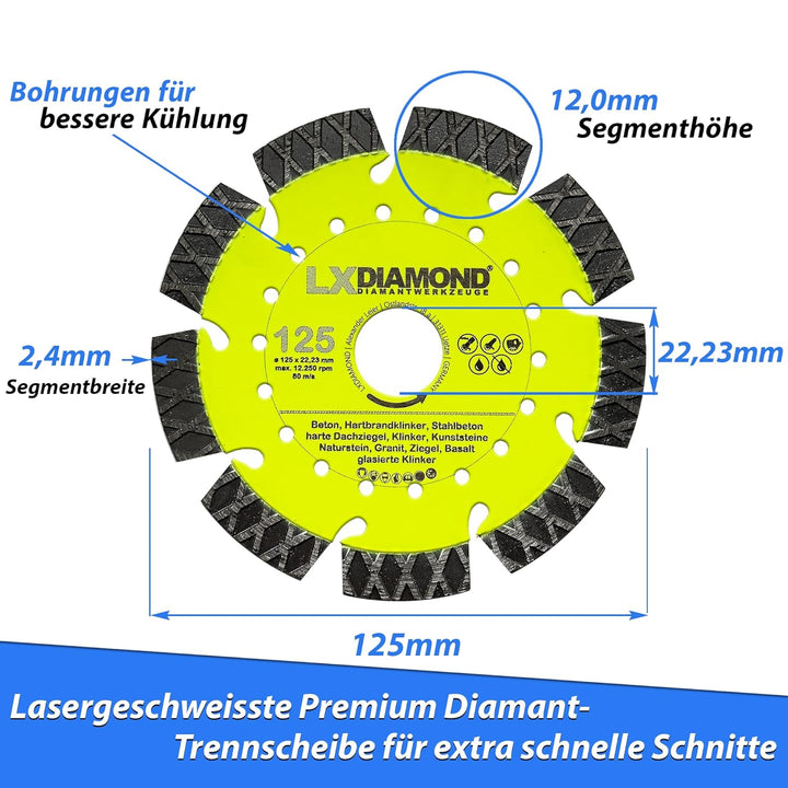 LXDIAMOND Diamant-Trennscheibe 125mm x 22,23mm - perfekt geeignet für Beton Stahlbeton Klinker Grani