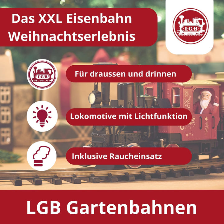 LGB – 70308 Gartenbahn Starterset Weihnachtszug mit Lokomotive und Zwei Waggons, Outdoor-Eisenbahn,