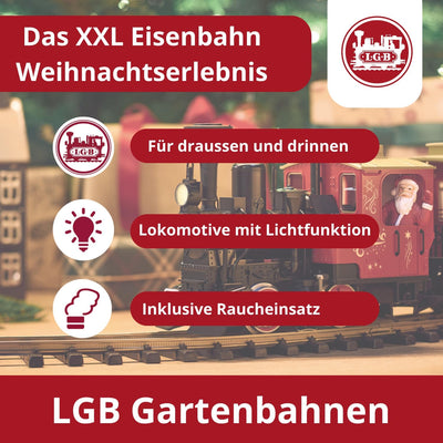 LGB – 70308 Gartenbahn Starterset Weihnachtszug mit Lokomotive und Zwei Waggons, Outdoor-Eisenbahn,