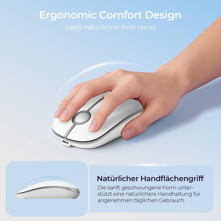 seenda MOU001 Bluetooth Maus, Leise, 3 Geräte Verbindung, Weiss-Silber | USB + Dual-Bluetooth, 3 DPI