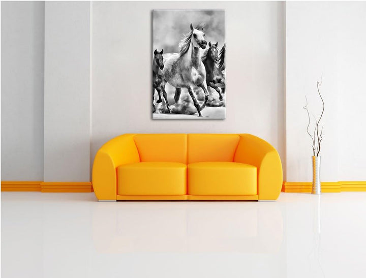 Pixxprint Monocrome, Western Pferde in Wüste mit Fohlen, Format: 100x70 auf Leinwand, XXL riesige Bi