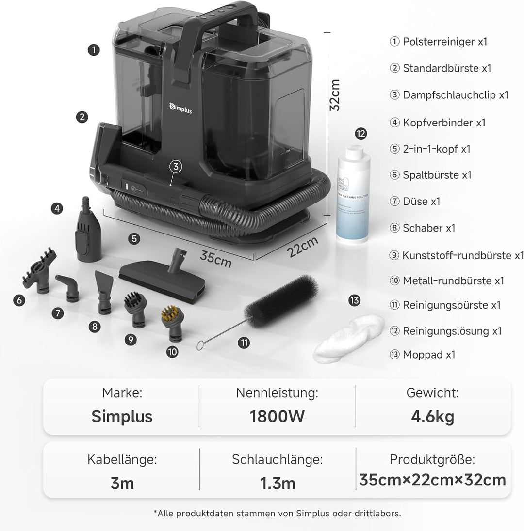 SIMPLUS Polsterreiniger mit Heisswasser-Funktion, 22.000 Pa Waschsauger für Sofa, Teppich, Auto und