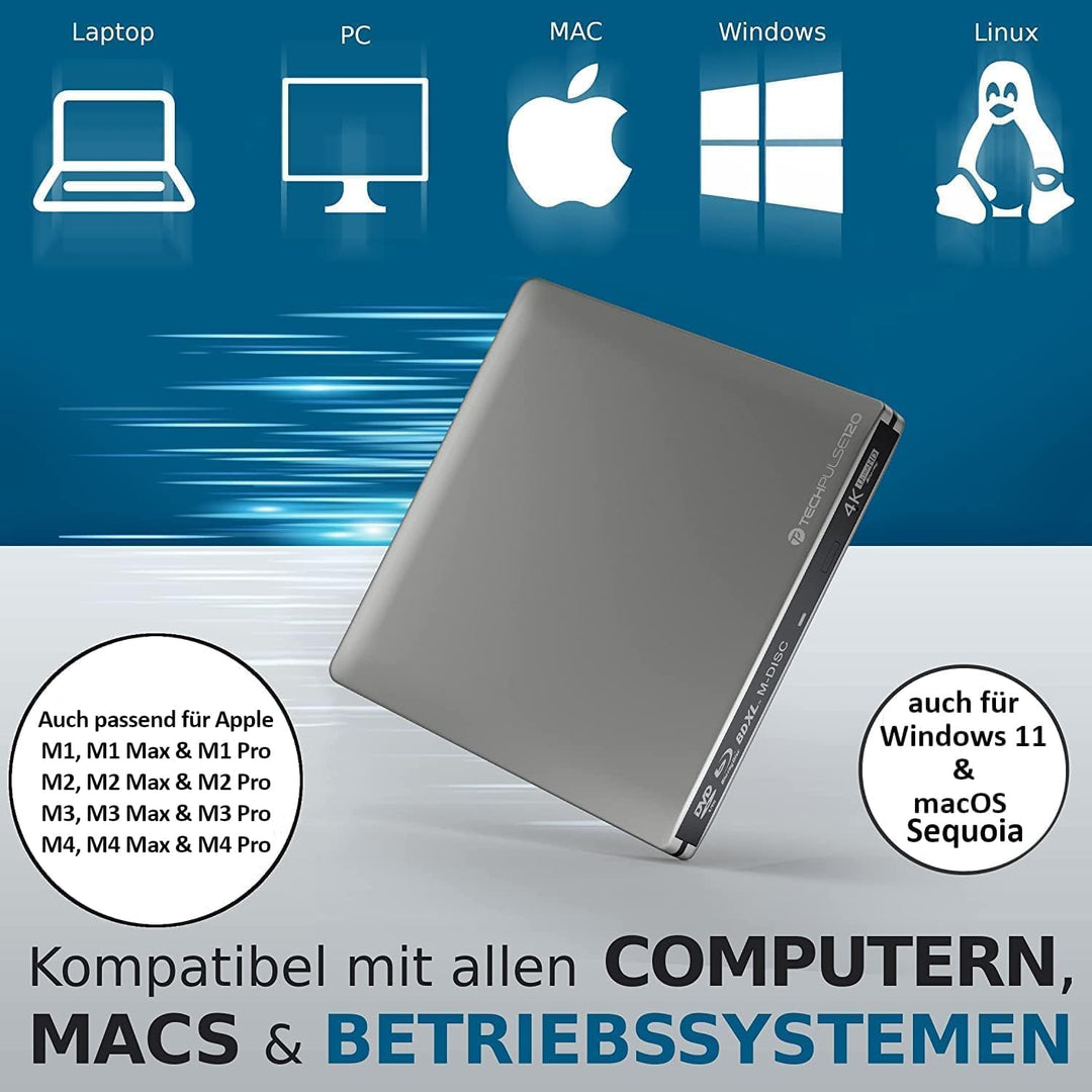 techPulse120 Externes UHD 4k 3D M-Disc BDXL USB 3.0 USB-C Laufwerk Blu-ray Brenner Burner Superdrive