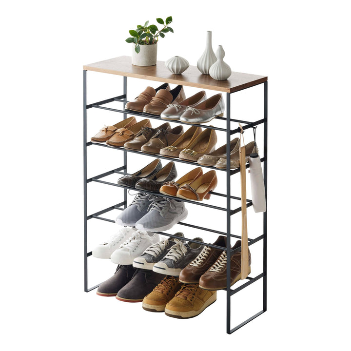 Shoe rack with wood top board - Tower - black Single Schwarz, Single Schwarz