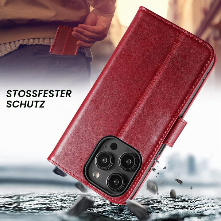 LENSUN Echtleder Hülle für iPhone 14 Pro, Premium Schutzhülle - Weinrot | Handyhülle Echtes Leder, L