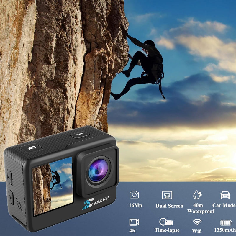 Xilecam Action Cam 4K WiFi wasserdichte Kamera Dual-Bildschirm 131FT Sports Kamera Ultra HD Unterwas