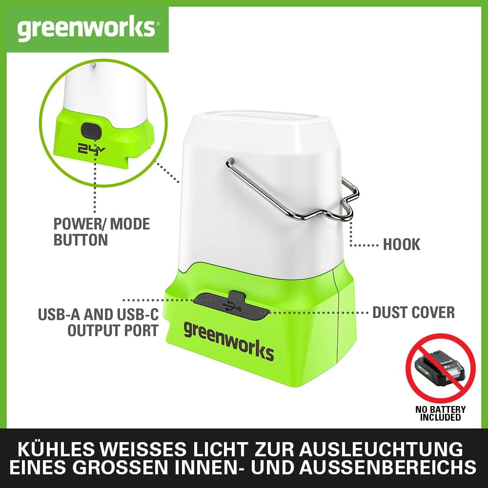 Greenworks G24LA500 Akku-Laterne und Campinglampe mit Haken zum Aufhängen, 500 Lumen, Camping Licht