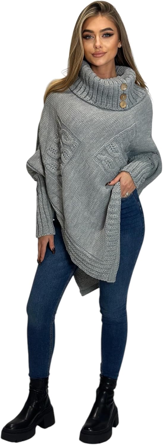 Mississhop Poncho Strick Sweatshirt Pullover Umhang Überwurf Einheitsgrösse Grau, Einheitsgrösse Gra
