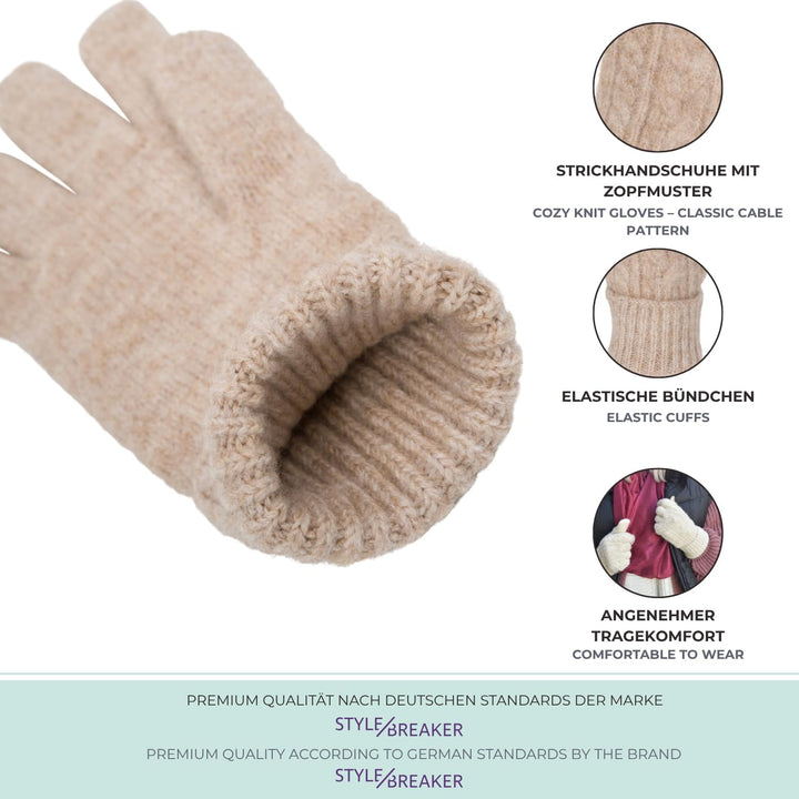styleBREAKER Damen Strickhandschuhe mit Zopfstrickmuster, warme Winter Fingerhandschuhe, vielseitige