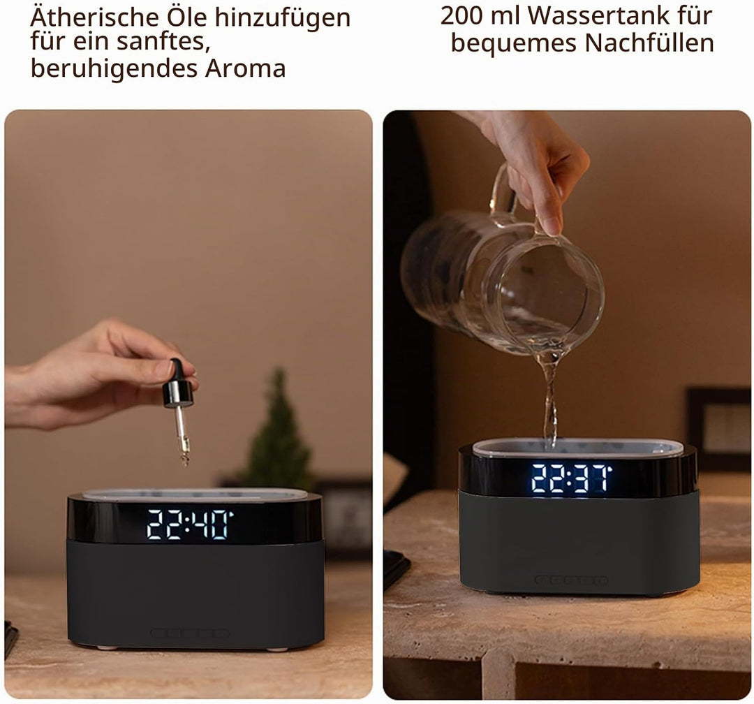 Flammen Aroma Diffuser mit Lichtwecker,Diffuser Ätherische Öle mit Fernbedienung,Wecker mit Licht,Lu